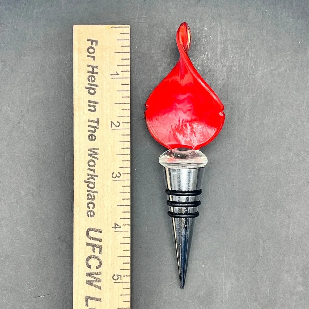 Vtg‎ Red Hand Blown Art Glass Flame Wine Bottle Stopper Teardrop Torch 5.5
